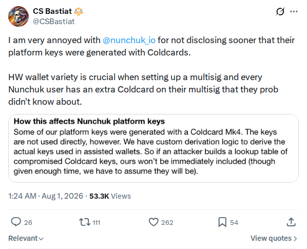 Captured screenshot: Criticism of Nunchuk platform-key disclosure timing