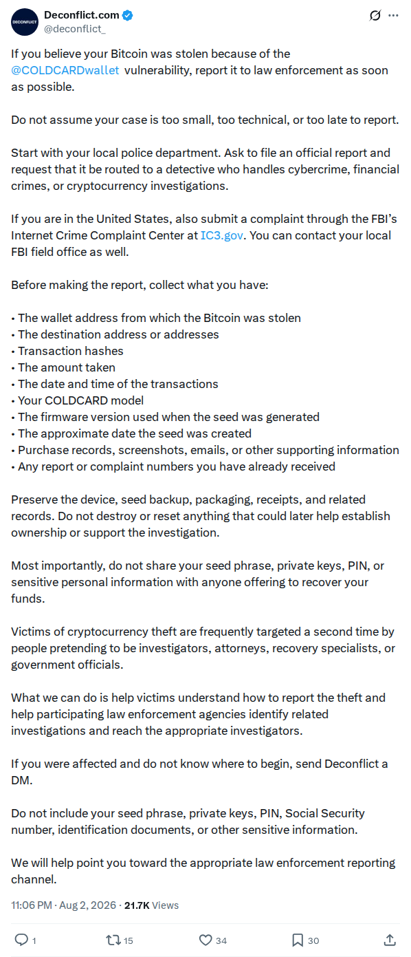 Captured screenshot: Law-enforcement reporting advice for alleged victims