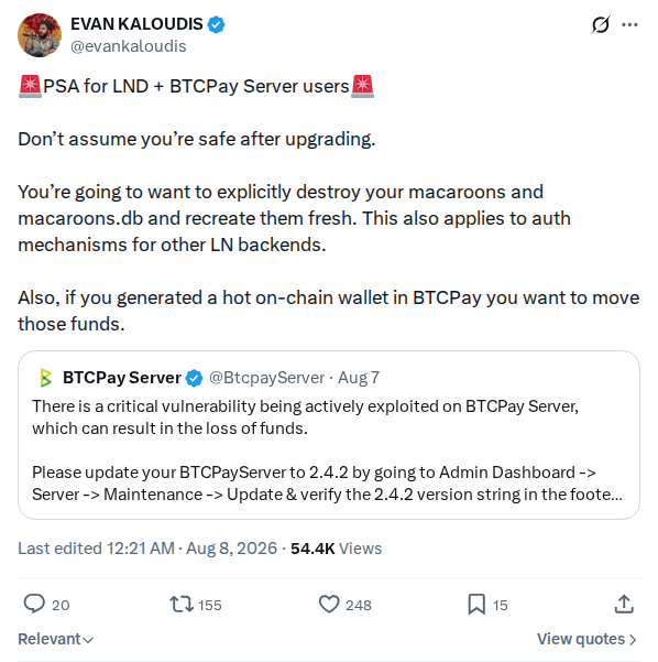 Captured screenshot: LND and BTCPay Server macaroon rotation guidance