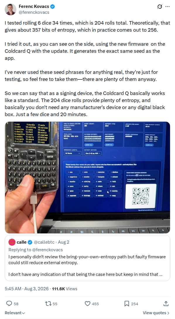 Captured screenshot: Dice-roll seed validation on COLDCARD Q