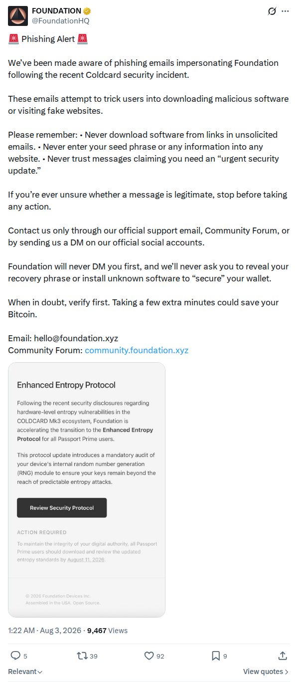 Captured screenshot: Foundation warns users about phishing emails impersonating Foundation