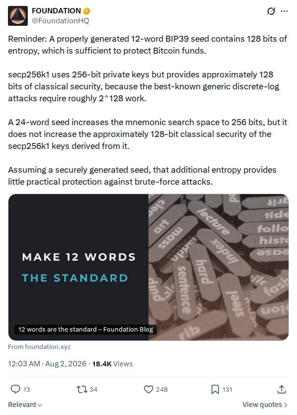 Captured screenshot: Foundation Devices notes BIP39 seed entropy and secp256k1 classical security