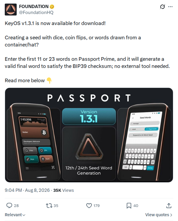 Captured screenshot: Foundation KeyOS v1.3.1 adds final-word generation for dice seeds