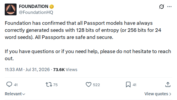 Captured screenshot: Foundation Devices confirms Passport seed entropy is correct