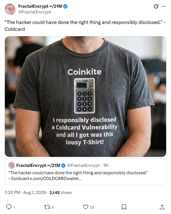 Captured screenshot: Lousy T-shirt reply to the disclosure line