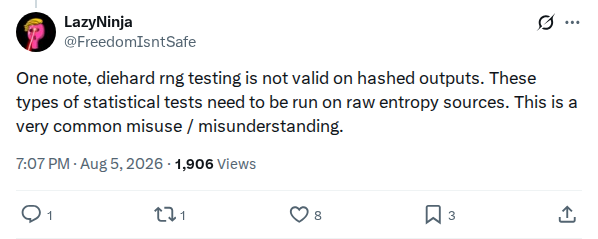 Captured screenshot: Warning that diehard RNG tests belong on raw entropy, not hashed outputs