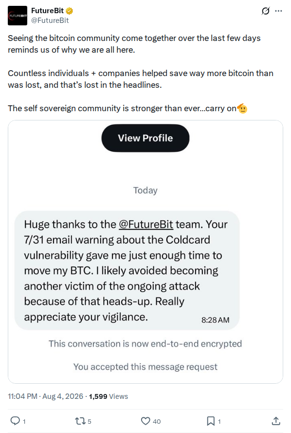Captured screenshot: FutureBit claim about funds saved by incident responders