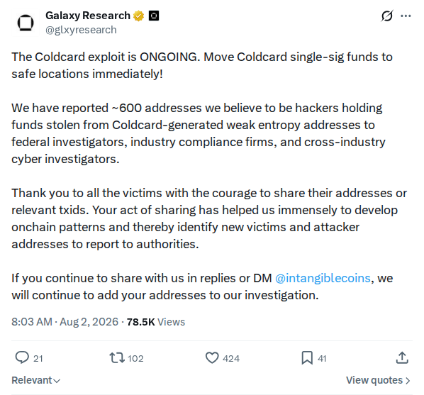 Captured screenshot: Galaxy Research reports attack ongoing and ~600 addresses to investigators