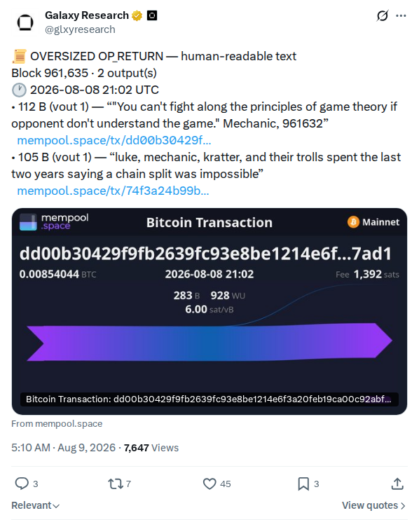 Captured screenshot: OP_RETURN messages in block 961,635