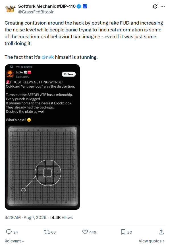 Captured screenshot of the post by @GrassFedBitcoin