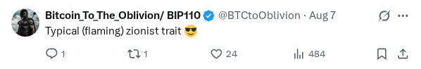 Captured screenshot of the reply by @BTCtoOblivion