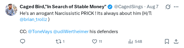 Captured screenshot of the reply by @CagedSings