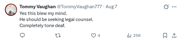 Captured screenshot of the reply by @TommyVaughan777