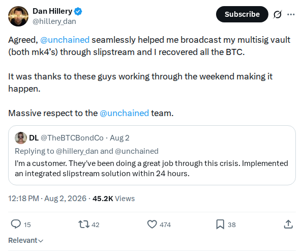 Captured screenshot: Dan Hillery reports multisig recovery through Slipstream