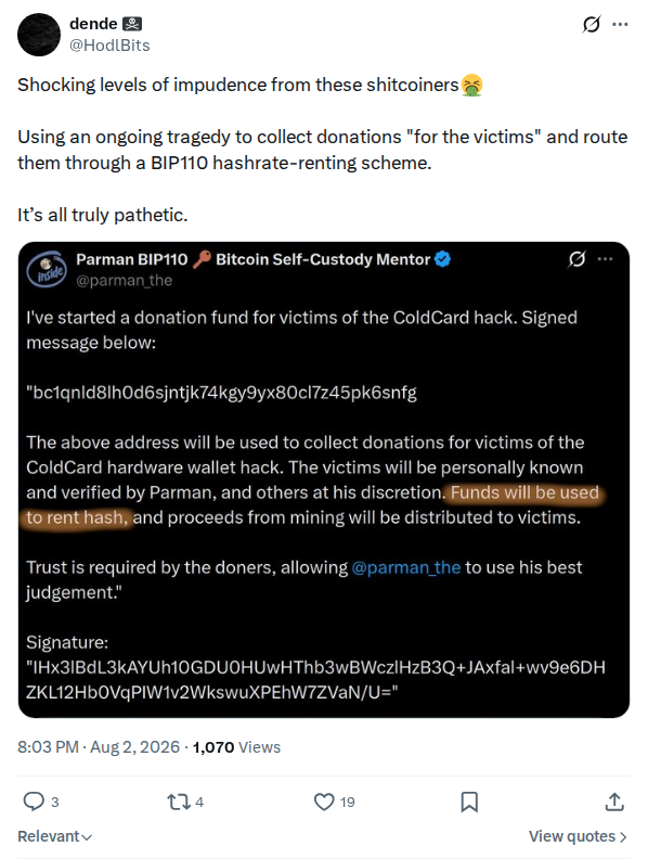 Captured screenshot: Objection to a victim-donation drive routed through a hashrate scheme