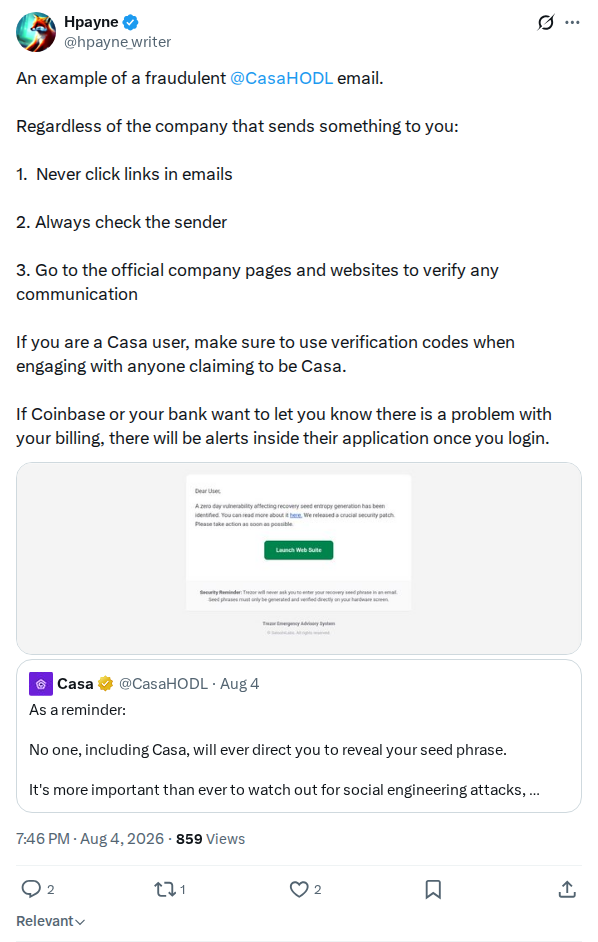 Captured screenshot: Hpayne shares a fraudulent email impersonating Casa