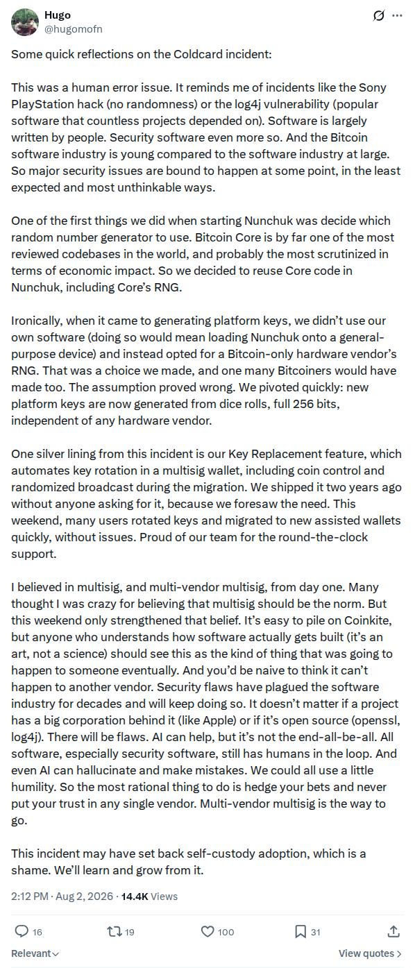 Captured screenshot: Nunchuk co-founder reflects on RNG choices and the incident
