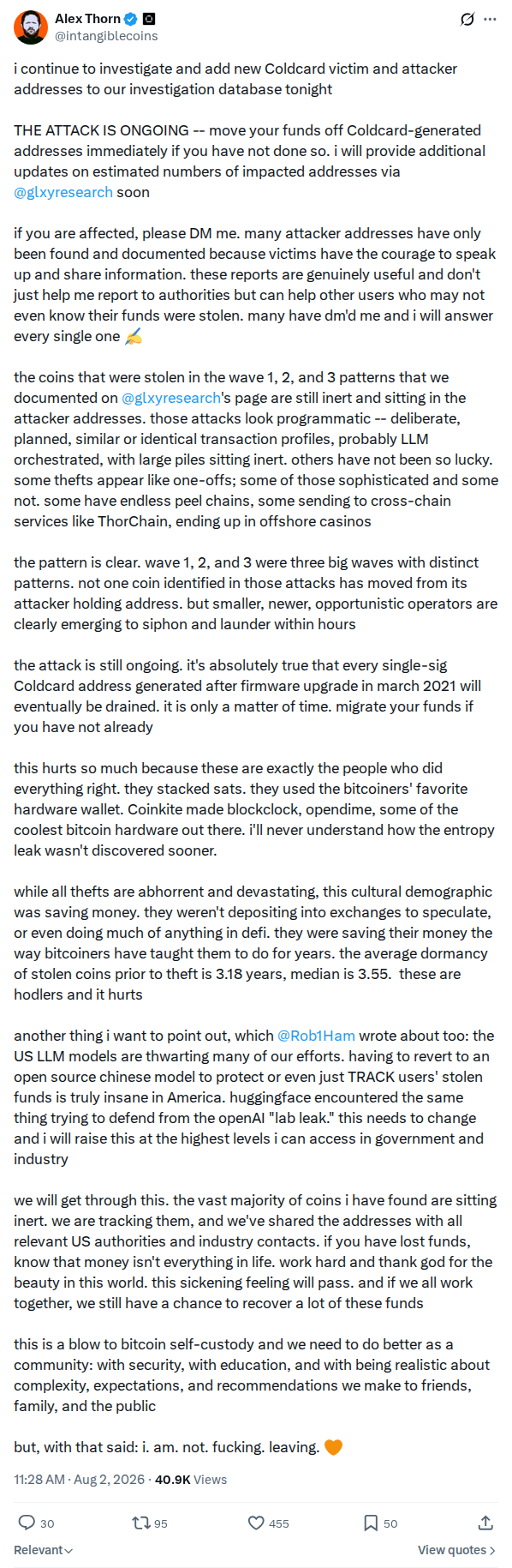 Captured screenshot: Ongoing attack update and victim-address appeal