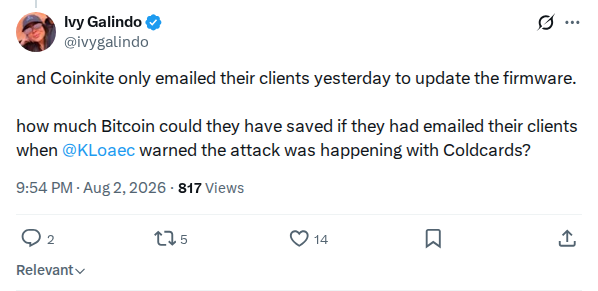 Captured screenshot: Coinkite firmware email arrived late