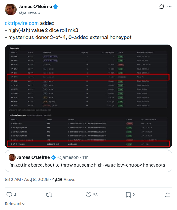 Captured screenshot: CKTRIPWIRE honeypot additions