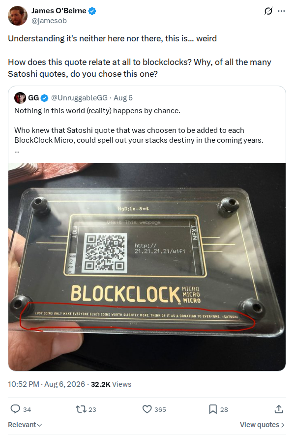 Captured screenshot: BlockClock Satoshi quote choice questioned