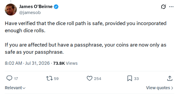 Captured screenshot: Dice-roll path safe; passphrase security depends on passphrase strength
