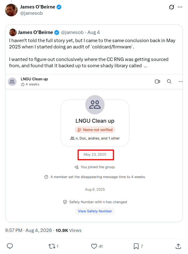 Captured screenshot: May 2025 audit of Coldcard RNG sourcing
