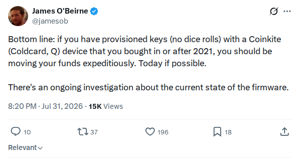 Captured screenshot: Move funds from provisioned Coinkite keys