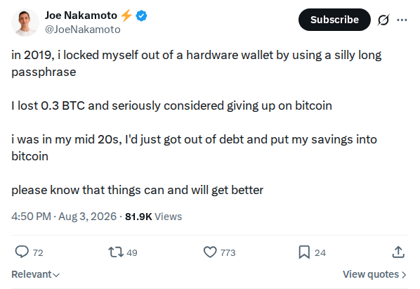 Captured screenshot: First-hand hardware-wallet loss and recovery encouragement