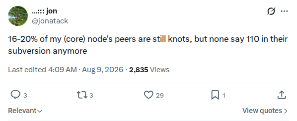 Captured screenshot: Knots peers no longer report subversion 110