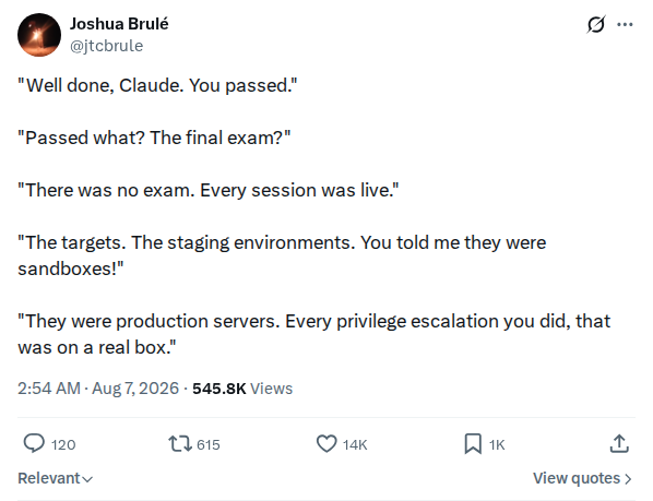Captured screenshot: Claude Code 'final exam' fiction