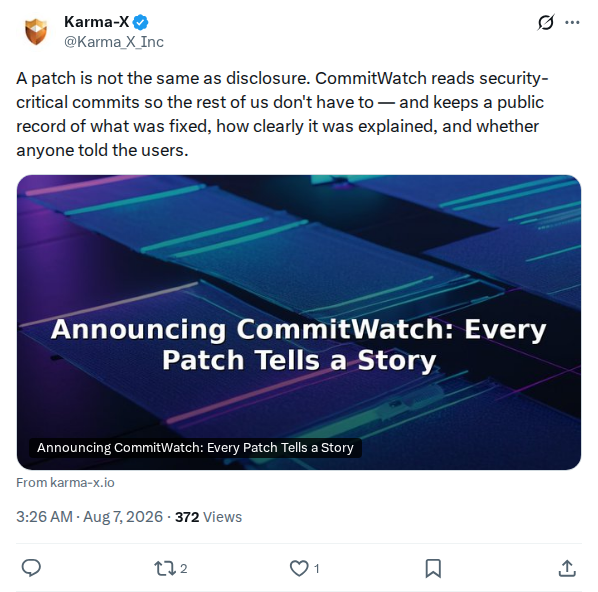 Captured screenshot: Karma-X says a patch is not the same as disclosure