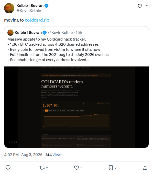 Captured screenshot: Tracker moves to coldcard.rip