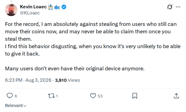Captured screenshot: Against stealing from users who can still move coins