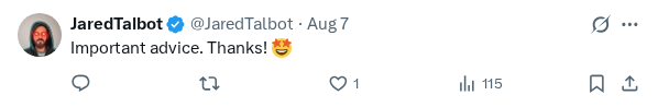 Captured screenshot of the reply by @JaredTalbot
