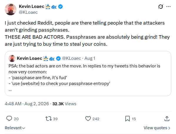Captured screenshot: Passphrase grinding warning