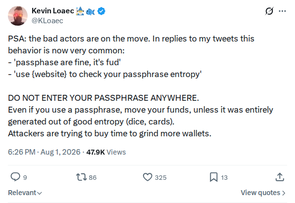 Captured screenshot: Passphrase phishing in tweet replies