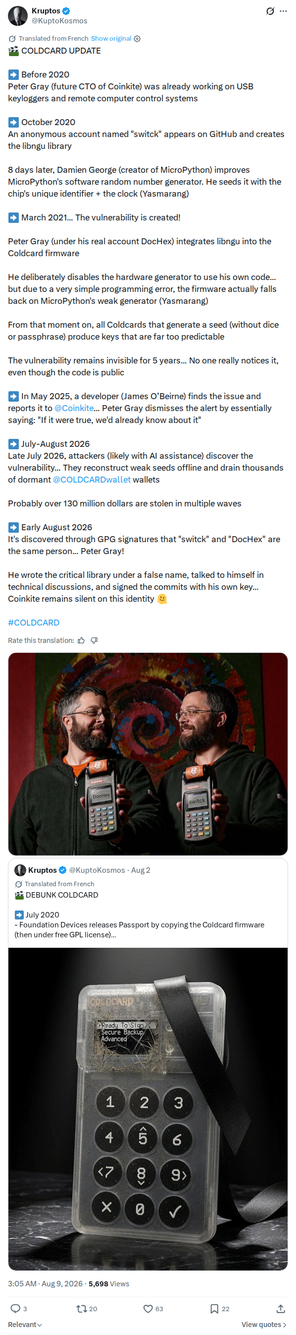 Captured screenshot: Kruptos on the Coldcard bug timeline and Peter Gray's libngu role