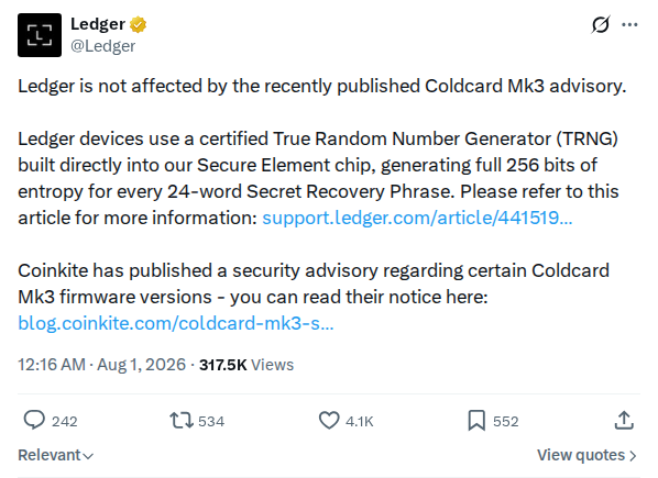 Captured screenshot: Ledger not-affected response