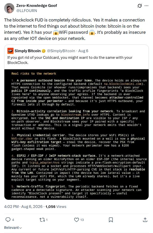 Captured screenshot: Pushback on BlockClock concern