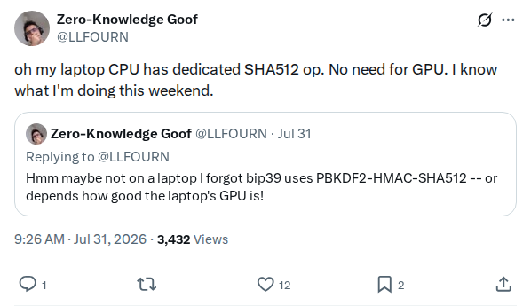 Captured screenshot: Laptop SHA-512 acceleration for seed brute force