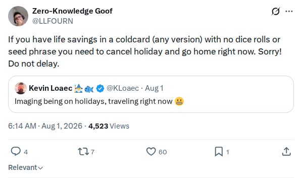Captured screenshot: Urgent advice to move life savings off Coldcard
