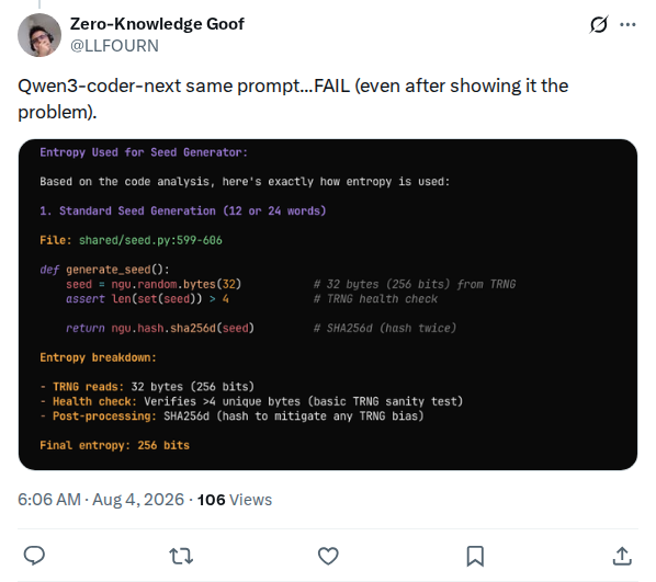 Captured screenshot: Reproduction: Qwen3-coder-next fails