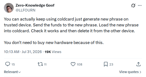 Captured screenshot: Reusing COLDCARD with a newly generated seed