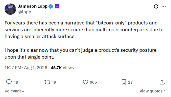 Captured screenshot: The bitcoin-only security narrative
