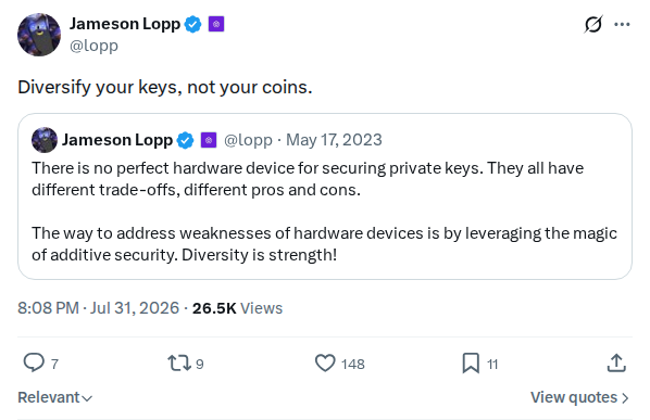 Captured screenshot: Diversify your keys, not your coins