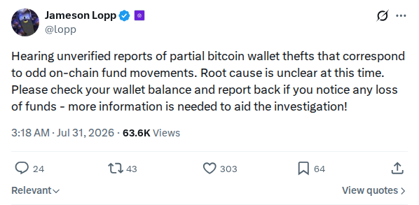 Captured screenshot: Early reports of partial wallet thefts