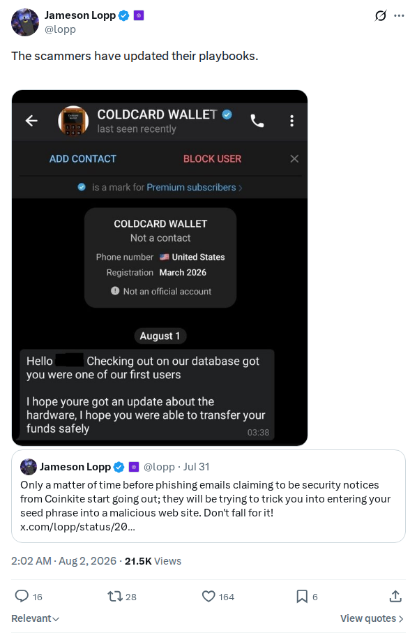 Captured screenshot: Lopp Scam Playbook Update