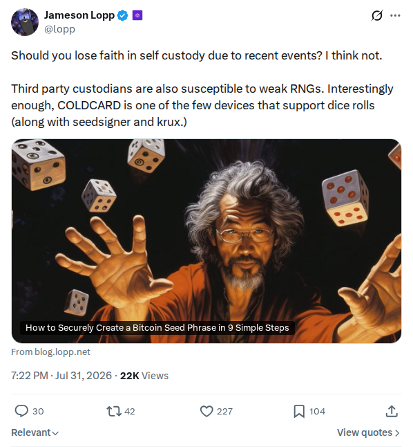 Captured screenshot: Lopp argues against losing faith in self custody