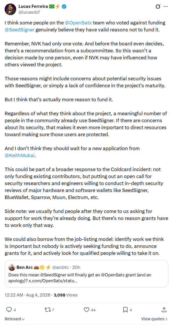 Captured screenshot: Fund SeedSigner after the OpenSats vote